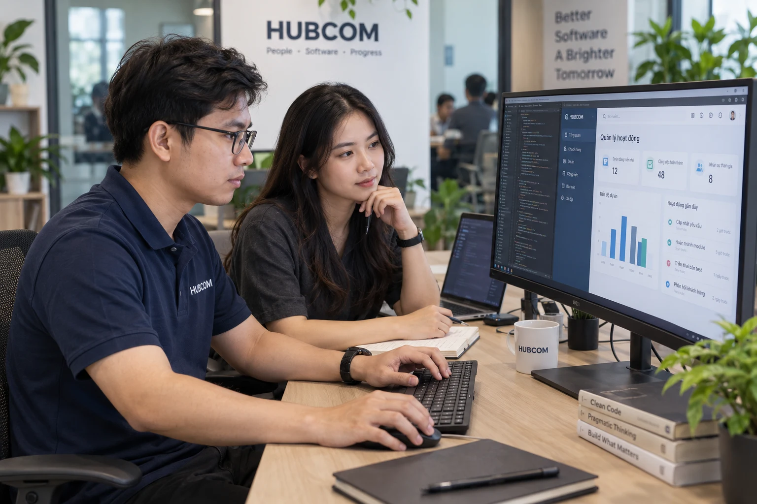AI illustration of the HubCom team developing and reviewing software
