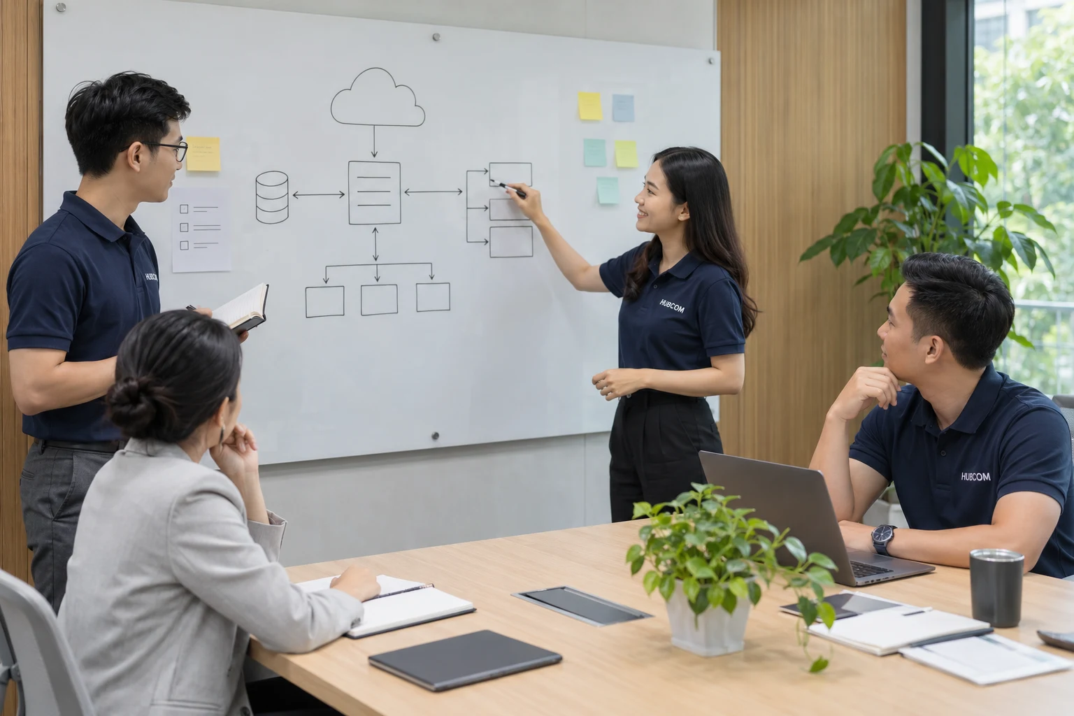AI illustration of a team of four discussing a solution at a whiteboard