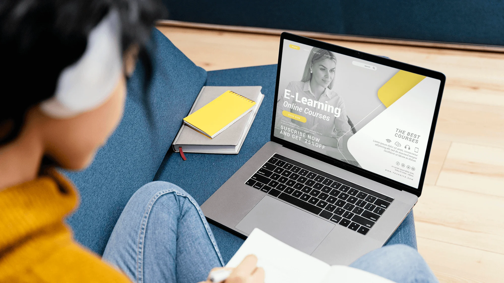 Education platform presentation with a course interface on a laptop