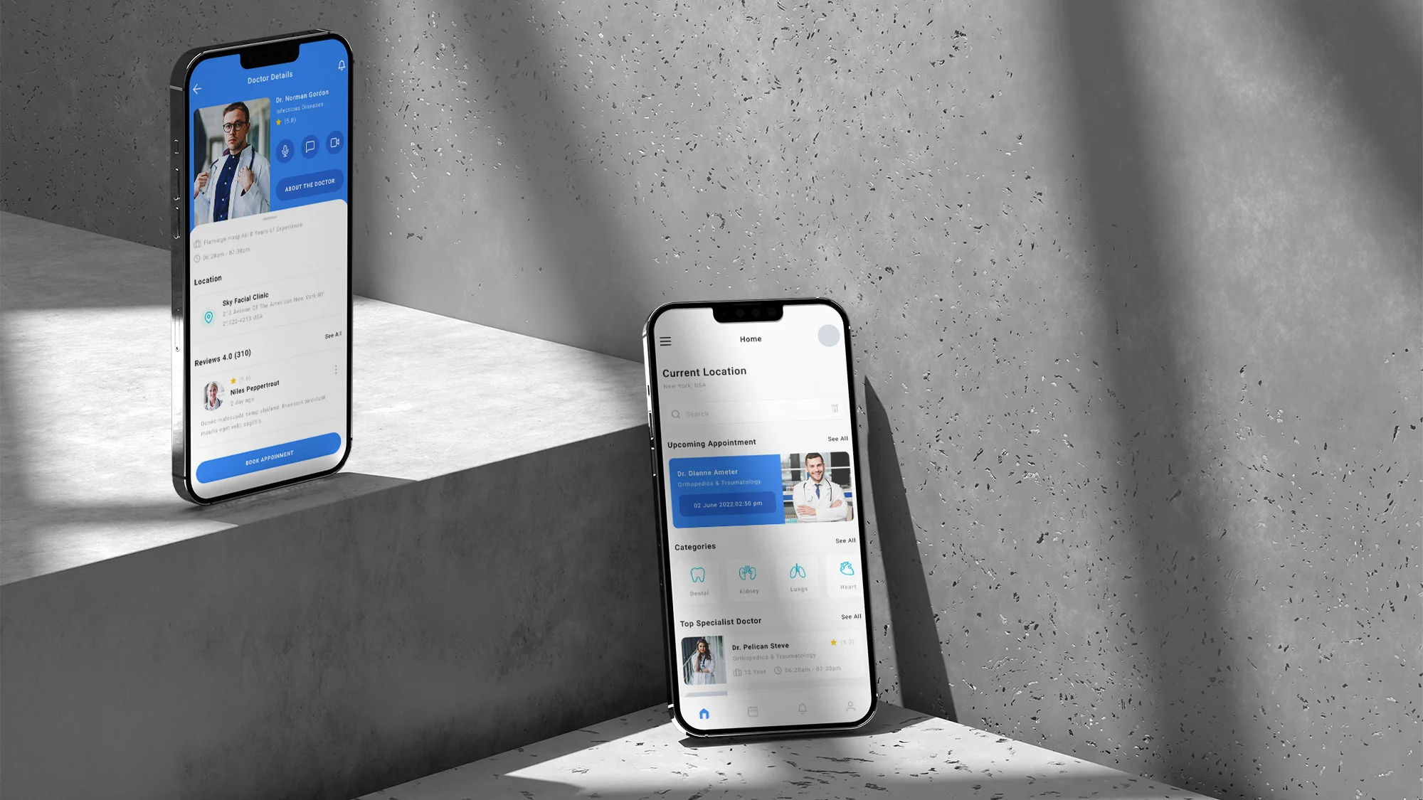 Galen presentation showing doctor details and appointment screens on mobile