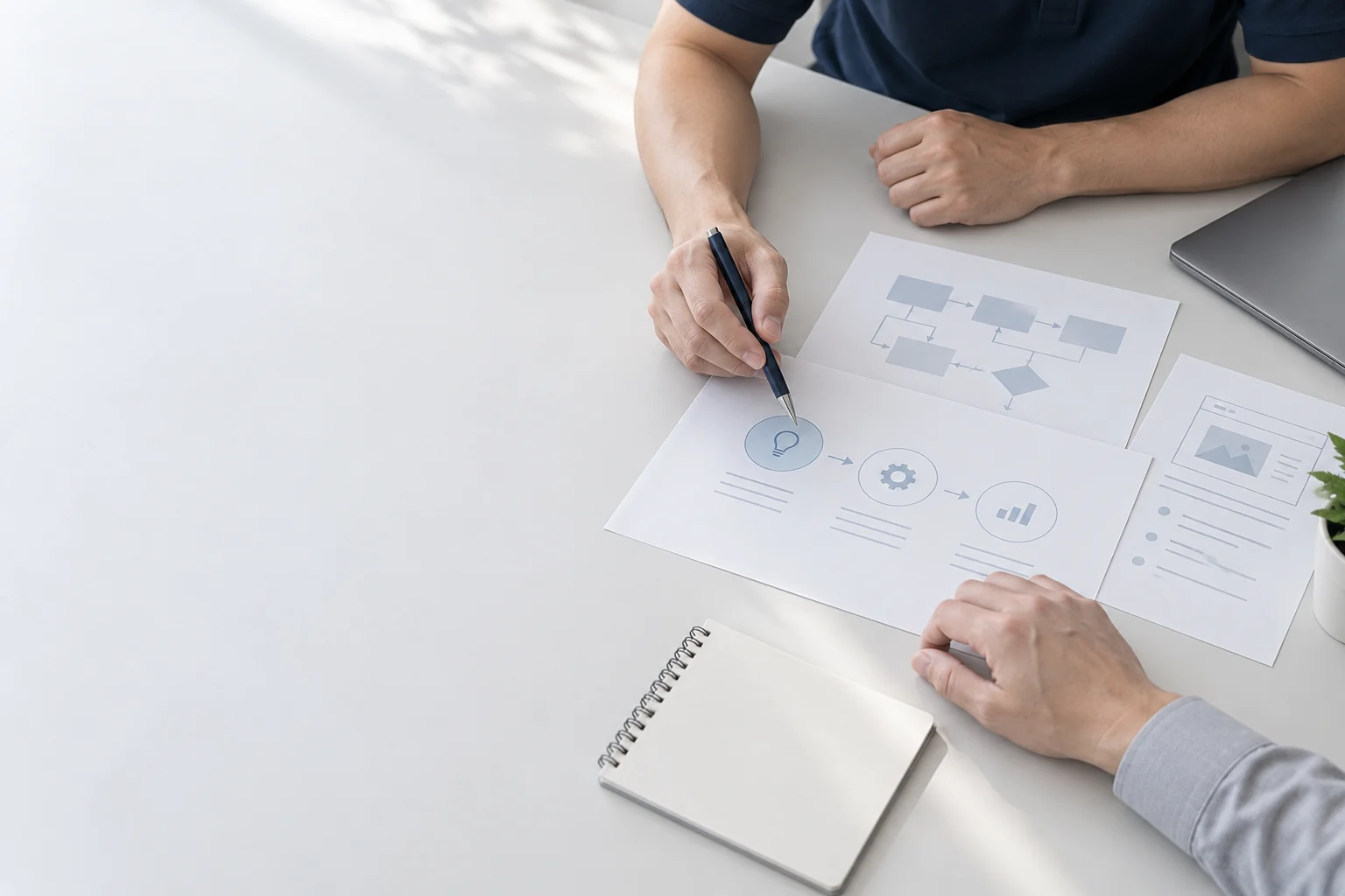 AI illustration of two teams reviewing a brief and delivery milestones