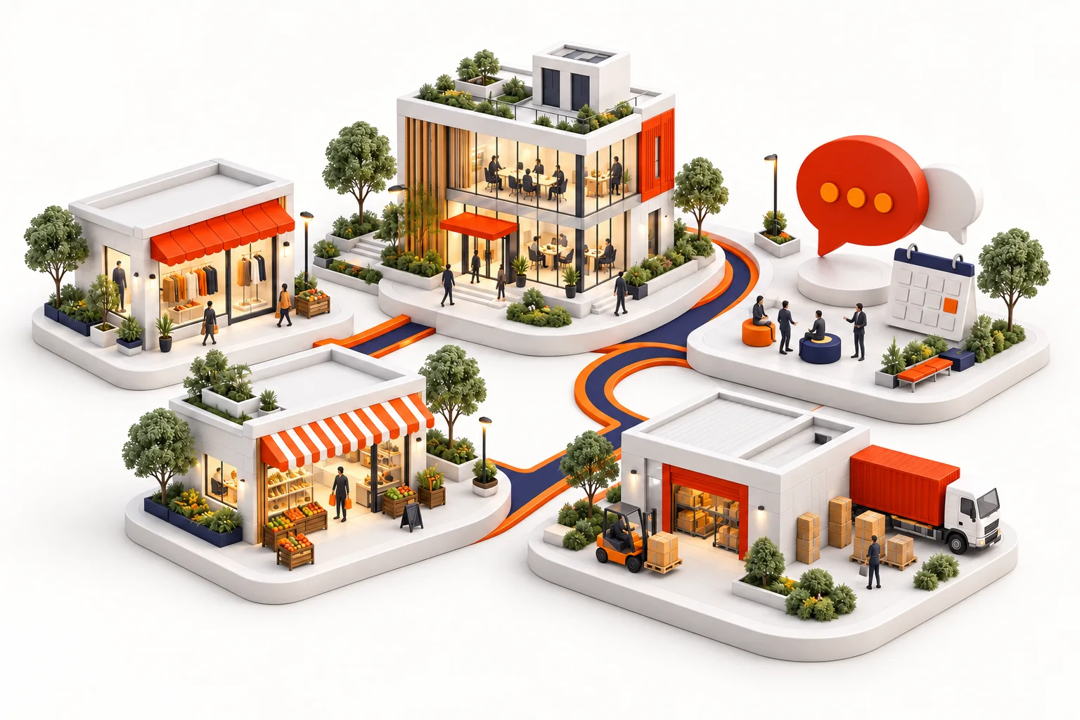 Concept illustration connecting an office, retail stores and customer communication channels